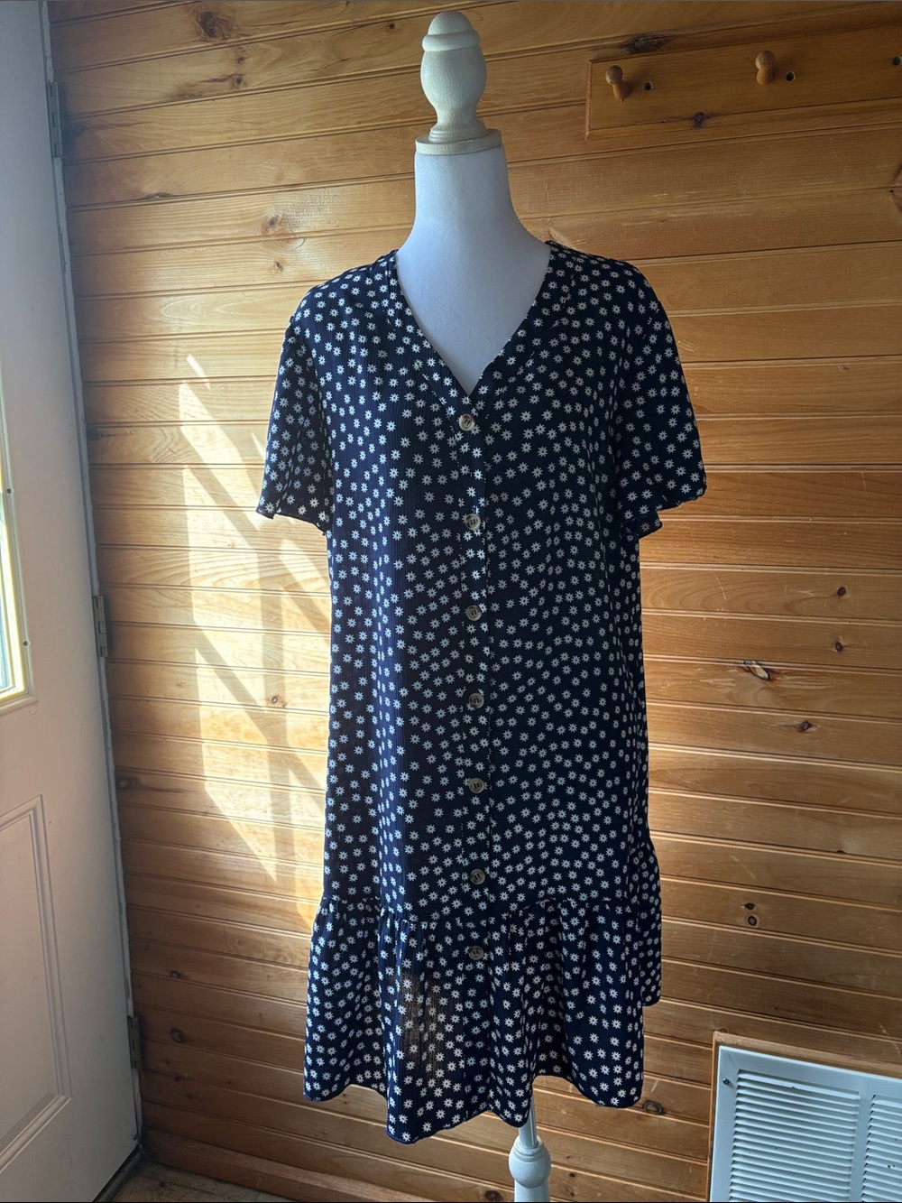 Navy Floral Button-Front Midi Dress with Ruffle Hem
